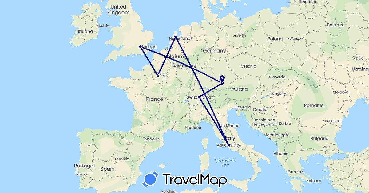 TravelMap itinerary: driving in Switzerland, Germany, France, United Kingdom, Italy, Netherlands (Europe)